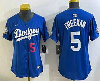 Women%27s Los Angeles Dodgers #5 Freddie Freeman Number Blue 2024 World Series With Fernando 34 Patch Limited Stitched Jerseys